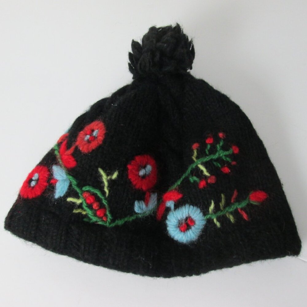 Turtle Fur Wool Beanie Hat Embroidered Floral with Pom Pom Women's OS